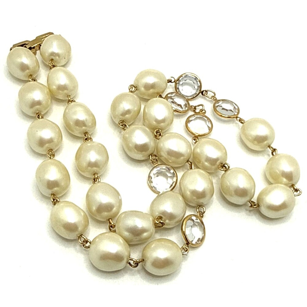 Vintage 80s GIVENCHY Bijoux Faux Baroque Pearl Clear Crystal Bezel Necklace 24"